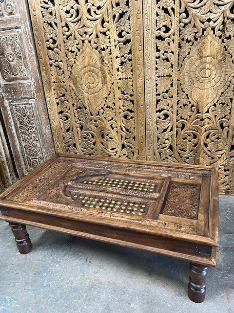 Antique Farmhouse Coffee table Vintage Carved Brass Studs Chai Table