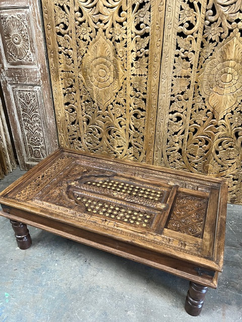 Antique Farmhouse Coffee table Vintage Carved Brass Studs Chai Table