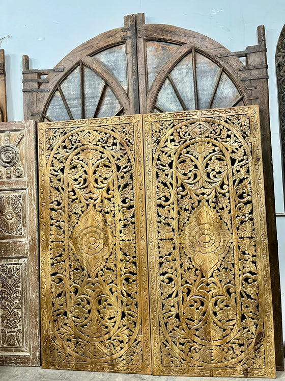 Vintage Lotus Door Panel Wooden Lattice Carved Farmhouse Barn Door 80