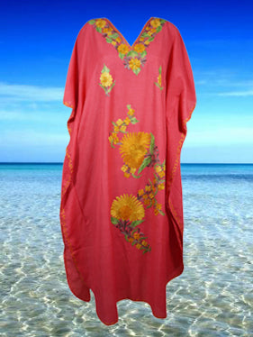 Womens Kaftan Maxi Dress  Pink Floral Embroidered Dresses L-2XL