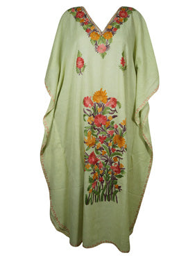 Womens Maxi Kaftan Dresses, Green Embroidered Dress L-2XL