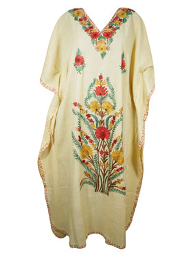 Yellow Maxidress, Floral Embroidered Resort Kaftan Dresses L-2XL