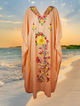 Womens  Kashmiri Kaftan Coral Peach Floral Embroidery Caftan L-2XL