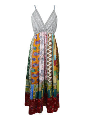 Womens Fall Maxi Dress, Gray Spring Fields Recycle Silk Strap Dresses M/L