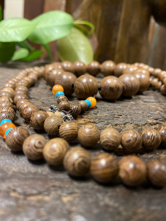 Natural Wooden Mala, Buddhist Wrap Bracelet Beaded Necklace