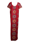 Red Cotton Maxi Dress, Kaftan, Short Sleeves Printed L