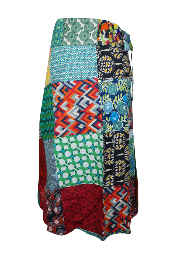 Womens Wrap Around Skirts , Blue Red Patchwork Boho Fashion One Size