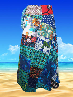 Womens Multicolor Wrap Skirt, Beach Hippy Patchwork Cotton Skirts, One size