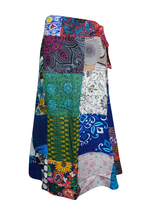 Womens Blue Wrap Skirt, Cotton Beach Summer Boho Patchwork Skirts, One size